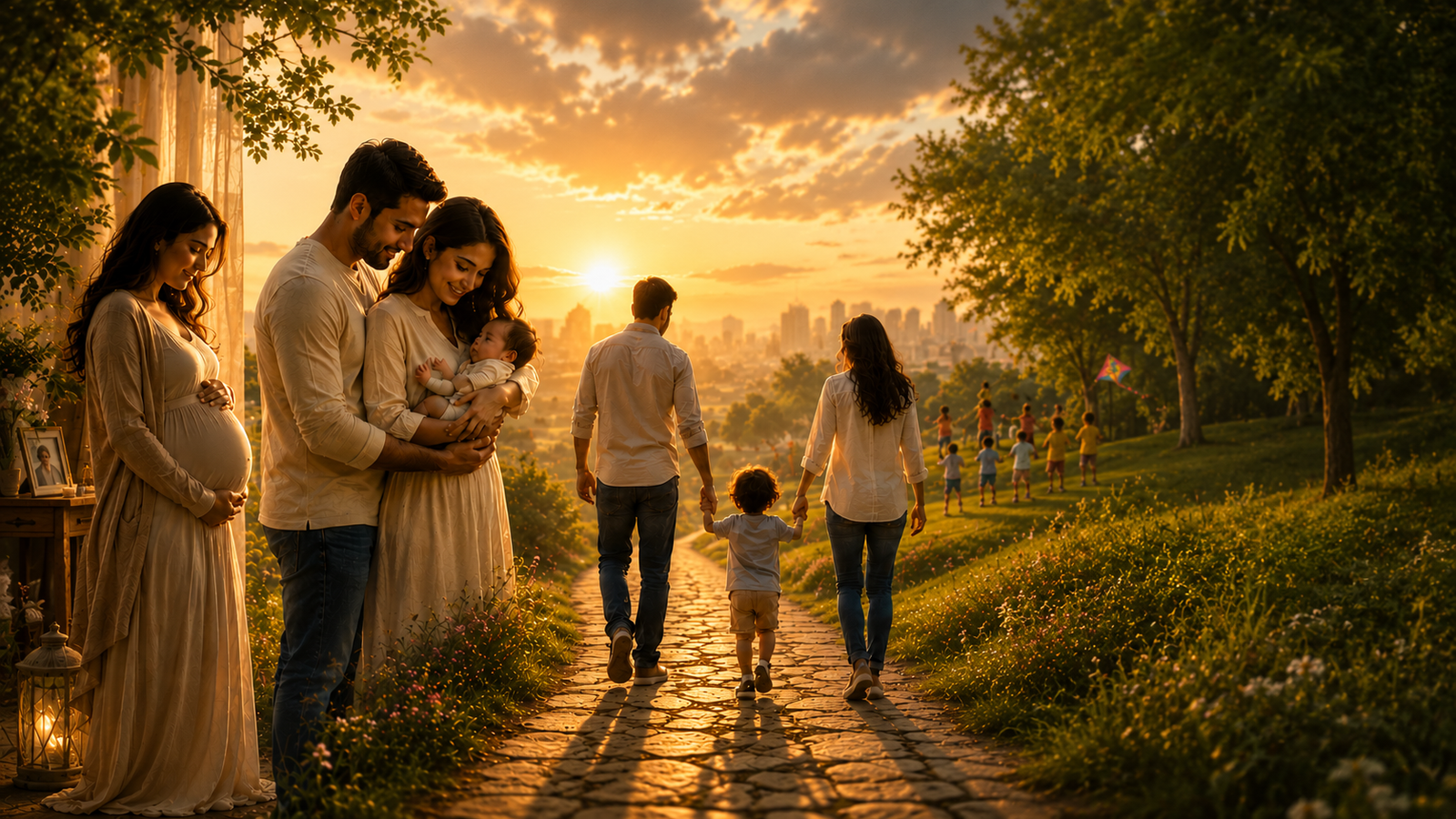 A family's journey from expecting a child to walking hand in hand with their children toward a sunlit city on the horizon, other children playing in the distance.