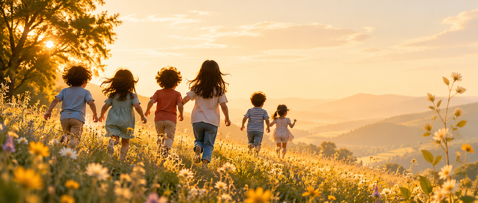 Children walking hand in hand through a wildflower meadow at golden hour